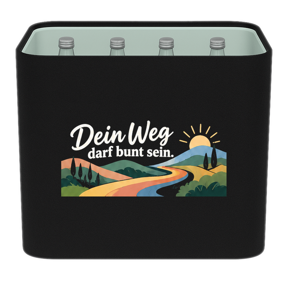 KistenBlende „Dein Weg darf bunt sein.“ – Wasserkiste für Glasflaschen, schwarze Filzblende mit Motiv.