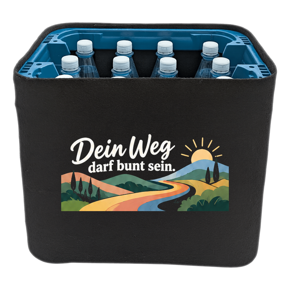 KistenBlende „Dein Weg darf bunt sein.“ – Wasserkiste für PET-Flaschen, schwarze Filzblende mit Motiv.