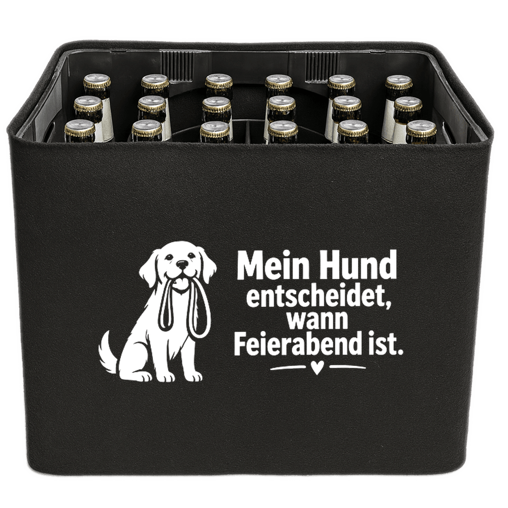 KistenBlende mit dem Motiv „Mein Hund entscheidet, wann Feierabend ist.“ – Bierkiste 24 × 0,33 l und 20 × 0,5 l