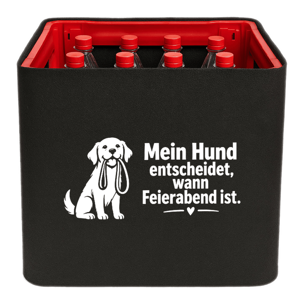 KistenBlende mit dem Motiv „Mein Hund entscheidet, wann Feierabend ist.“ – Limonadenkiste 12 × 1 l PET
