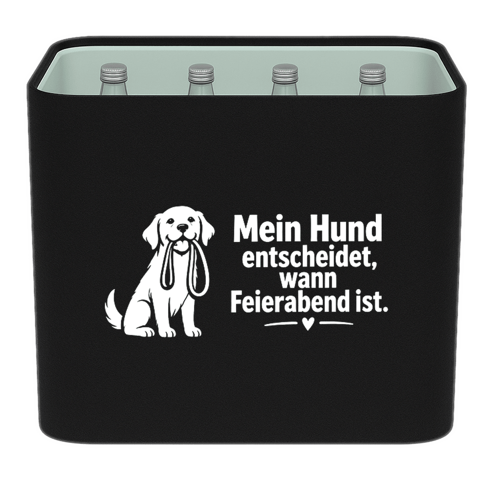KistenBlende mit dem Motiv „Mein Hund entscheidet, wann Feierabend ist.“ – Wasserkiste 12 × 0,75 l Glas