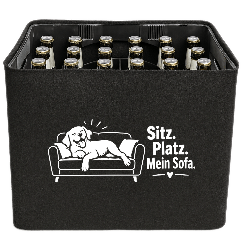 KistenBlende mit dem Motiv „Sitz. Platz. Mein Sofa.“ – Bierkiste 24 × 0,33 l und 20 × 0,5 l