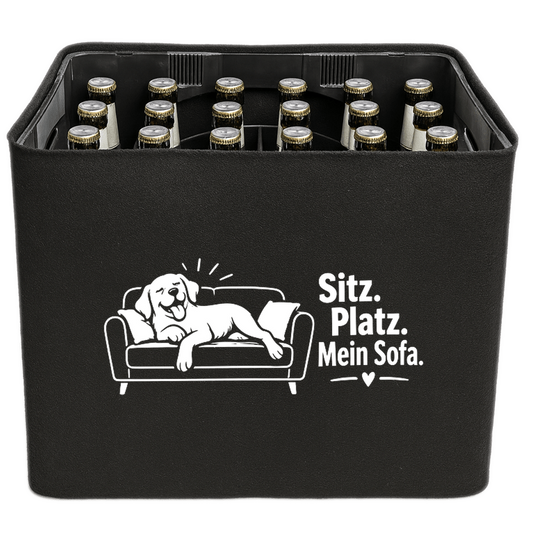 KistenBlende mit dem Motiv „Sitz. Platz. Mein Sofa.“ – Bierkiste 24 × 0,33 l und 20 × 0,5 l