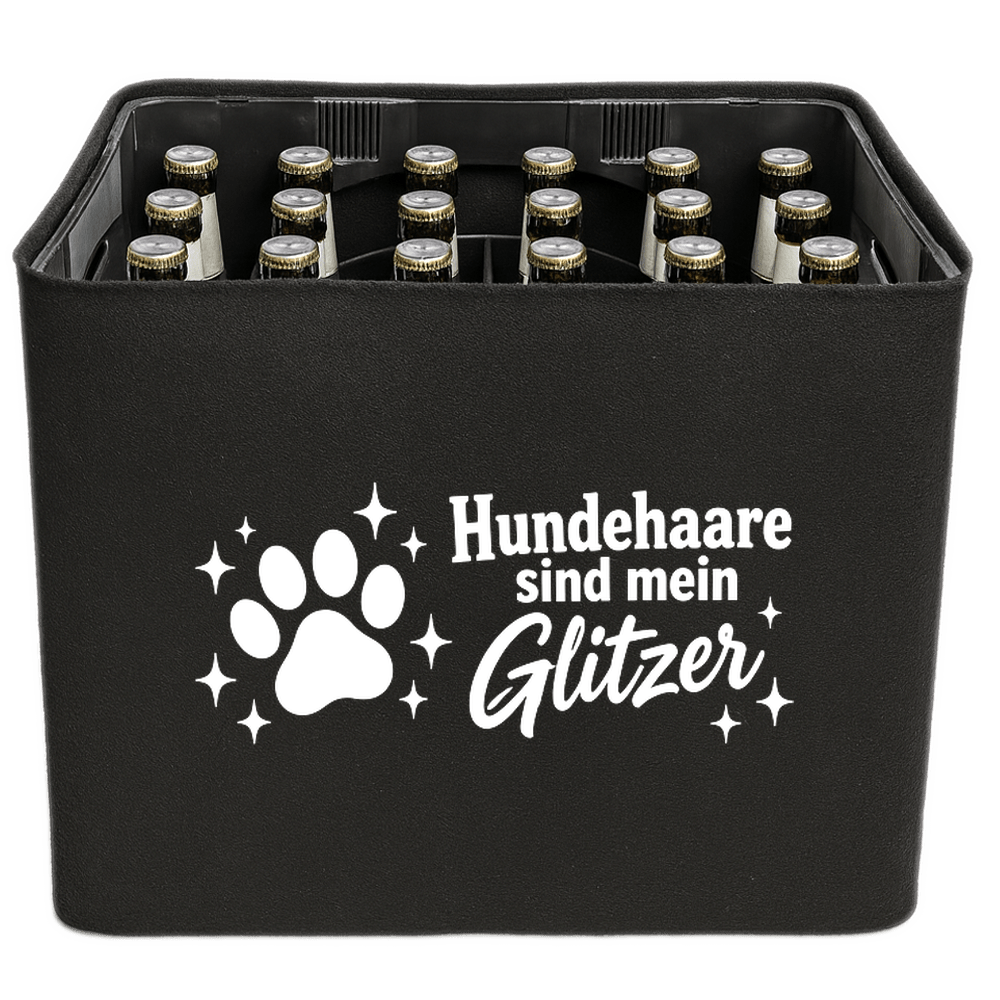 KistenBlende mit dem Motiv „Hundehaare sind mein Glitzer.“ – Bierkiste 24 × 0,33 l und 20 × 0,5 l