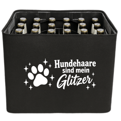 KistenBlende mit dem Motiv „Hundehaare sind mein Glitzer.“ – Bierkiste 24 × 0,33 l und 20 × 0,5 l