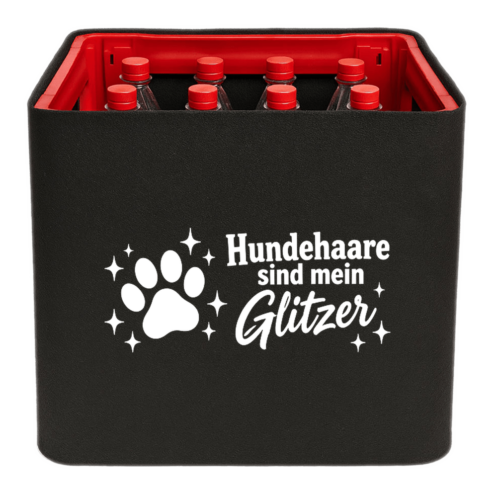 KistenBlende mit dem Motiv „Hundehaare sind mein Glitzer.“ – Limonadenkiste 12 × 1 l PET