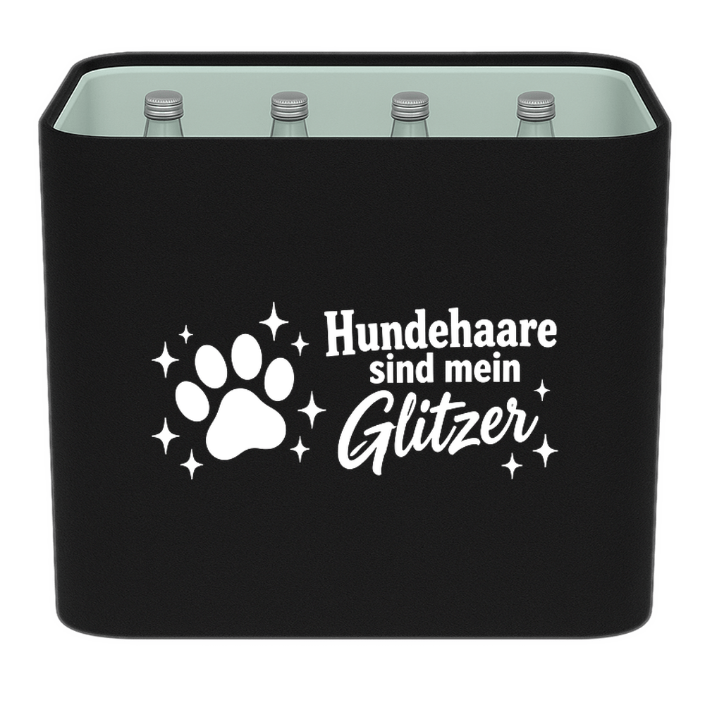 KistenBlende mit dem Motiv „Hundehaare sind mein Glitzer.“ – Wasserkiste 12 × 0,75 l Glas