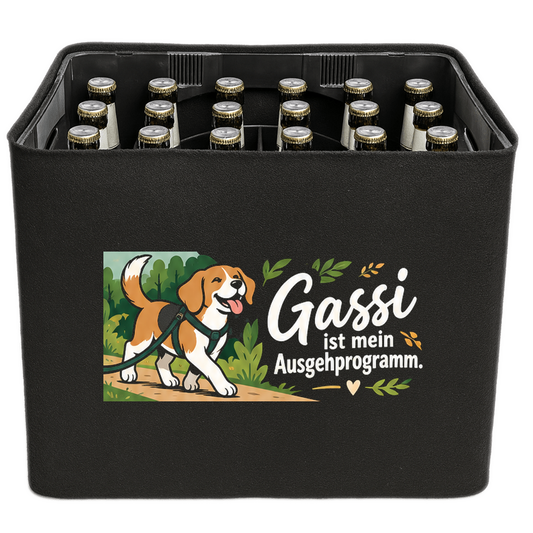 KistenBlende mit dem Motiv „Gassi ist mein Ausgehprogramm.“ – Bierkiste 24 × 0,33 l und 20 × 0,5 l