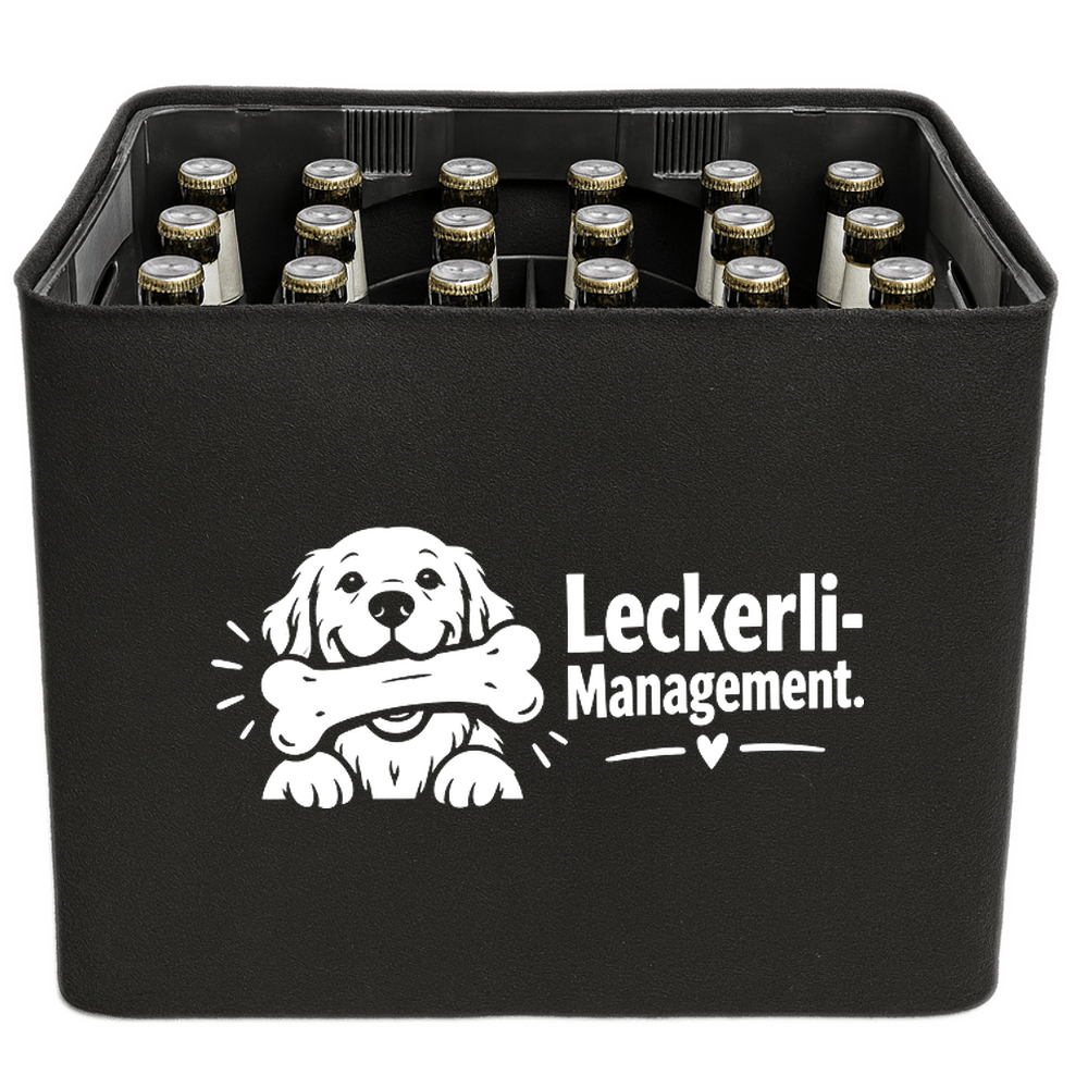KistenBlende mit dem Motiv „Leckerli-Management.“ – Bierkiste 24 × 0,33 l und 20 × 0,5 l