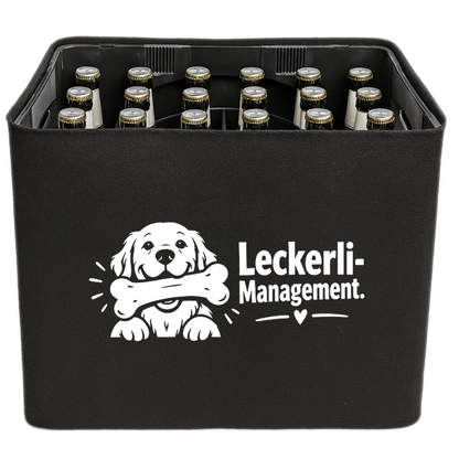 KistenBlende mit dem Motiv „Leckerli-Management.“ – Bierkiste 24 × 0,33 l und 20 × 0,5 l