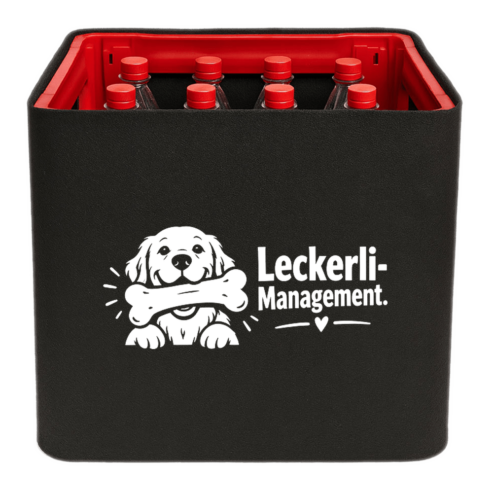 KistenBlende mit dem Motiv „Leckerli-Management.“ – Limonadenkiste 12 × 1 l PET
