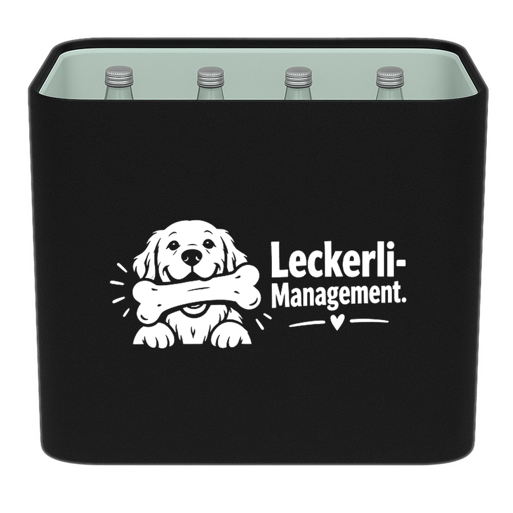 KistenBlende mit dem Motiv „Leckerli-Management.“ – Wasserkiste 12 × 0,75 l Glas