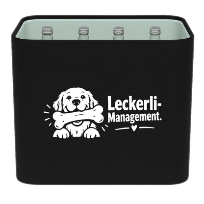 KistenBlende mit dem Motiv „Leckerli-Management.“ – Wasserkiste 12 × 0,75 l Glas
