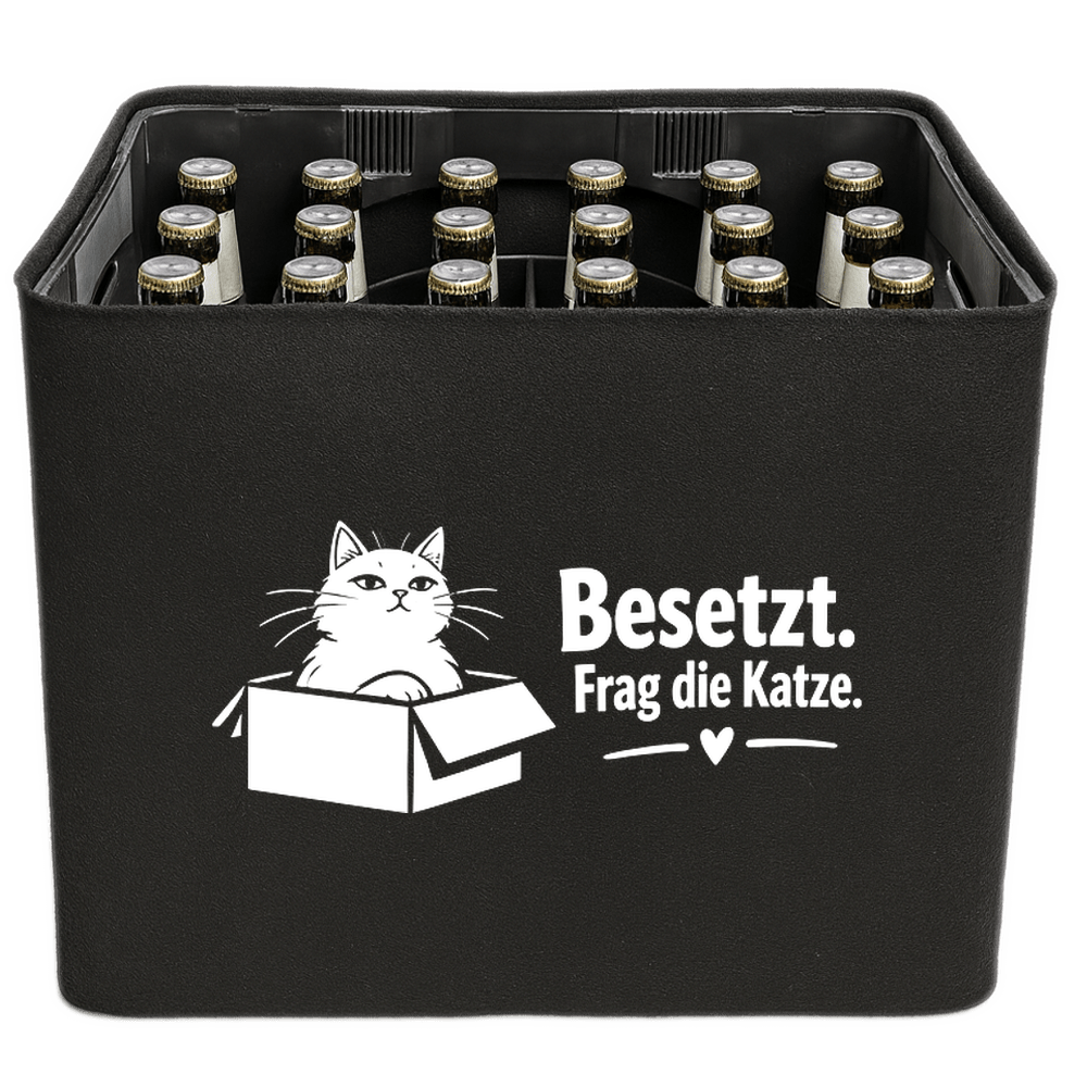 KistenBlende mit dem Motiv „Besetzt. Frag die Katze.“ – Bierkiste 24 × 0,33 l und 20 × 0,5 l