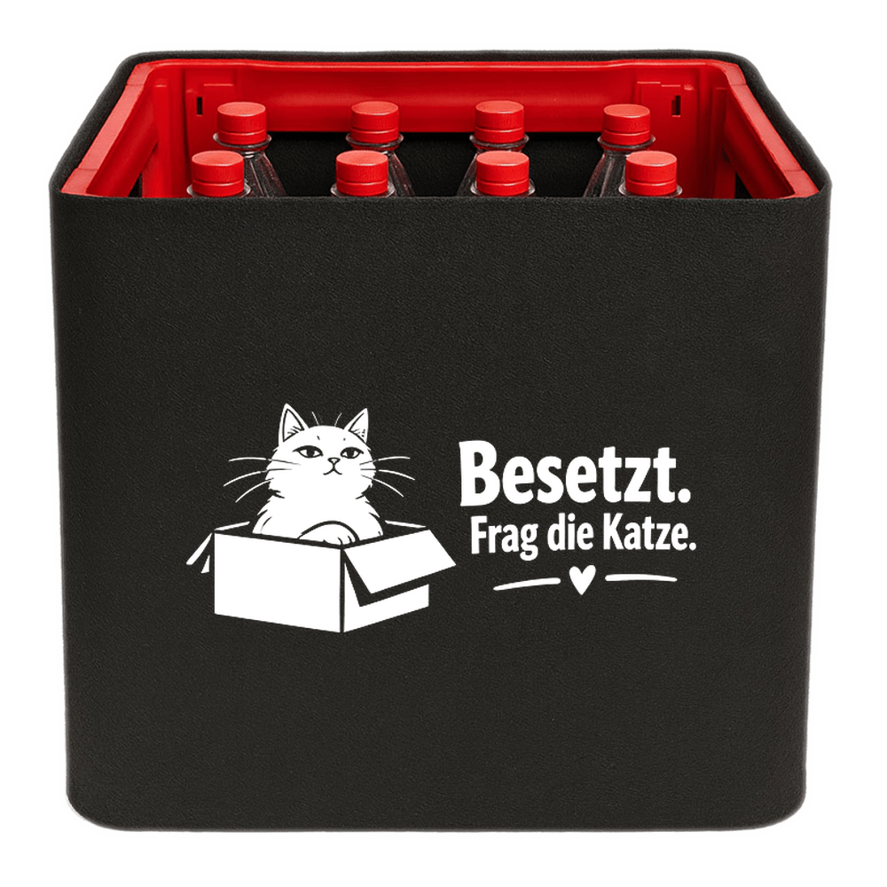 KistenBlende mit dem Motiv „Besetzt. Frag die Katze.“ – Limonadenkiste 12 × 1 l PET