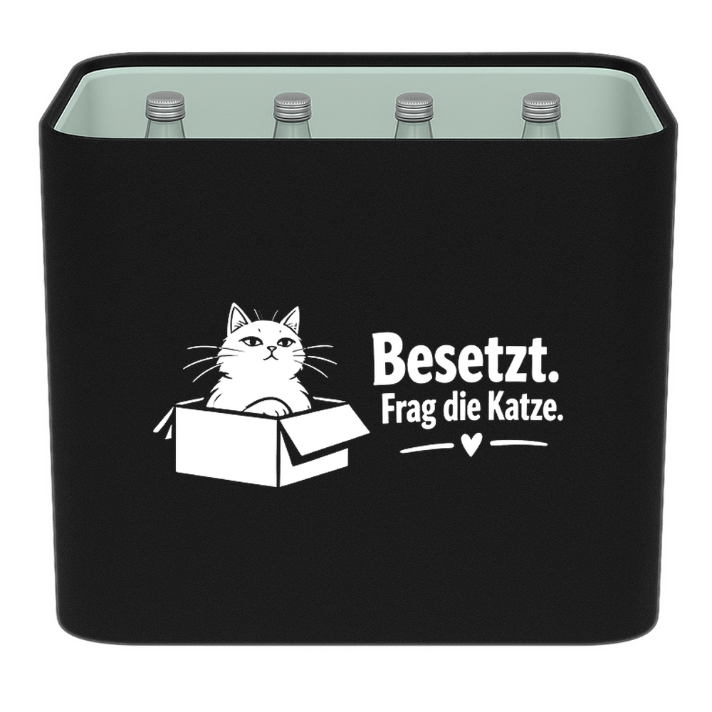 KistenBlende mit dem Motiv „Besetzt. Frag die Katze.“ – Wasserkiste 12 × 0,75 l Glas