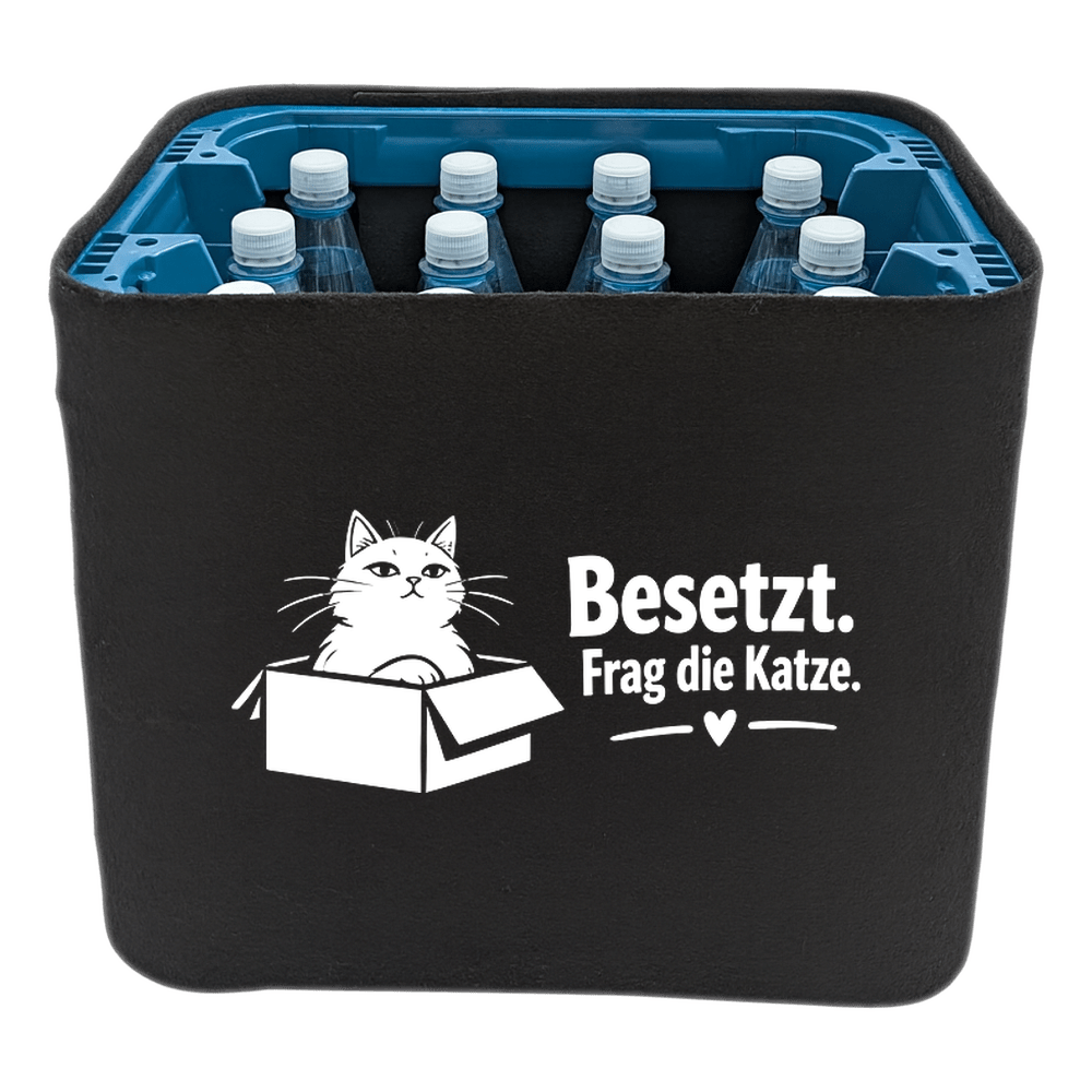 KistenBlende mit dem Motiv „Besetzt. Frag die Katze.“ – Wasserkiste 12 × 1 l PET