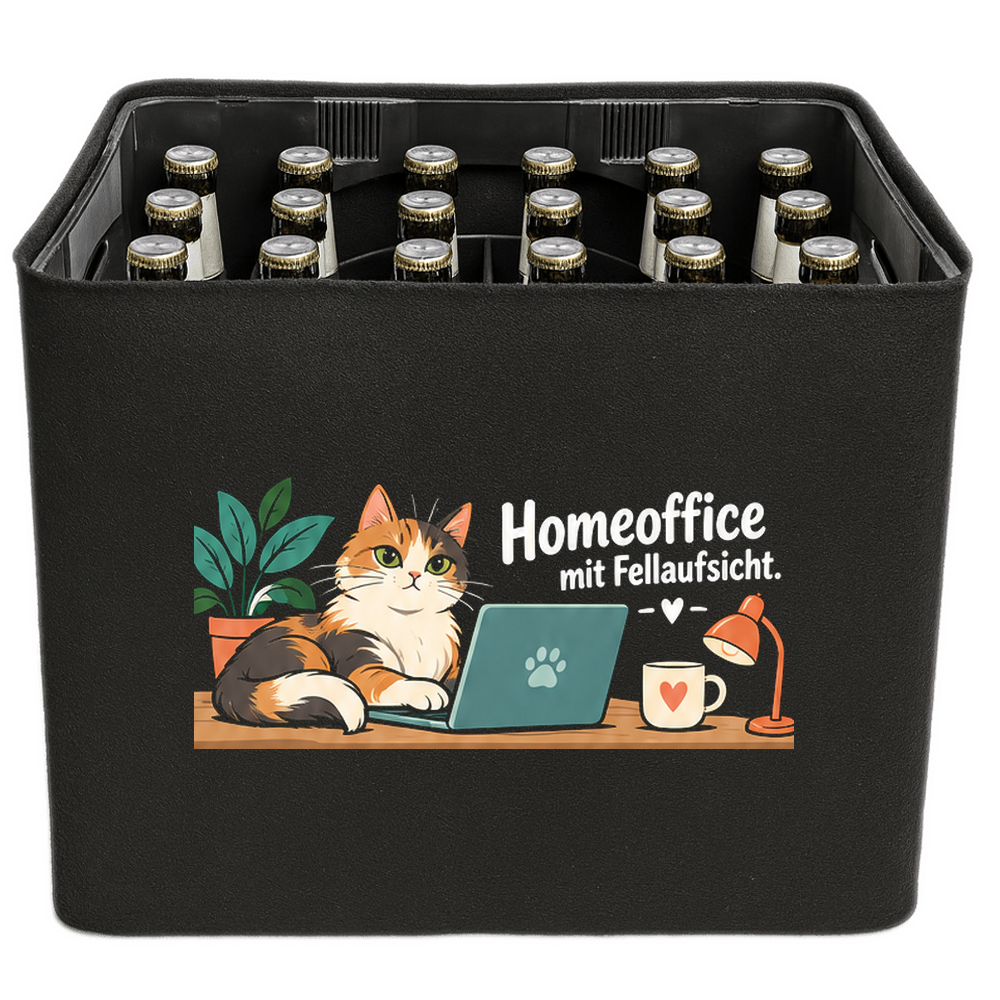 KistenBlende mit dem Motiv „Homeoffice mit Fellaufsicht.“ – Bierkiste 24 × 0,33 l und 20 × 0,5 l