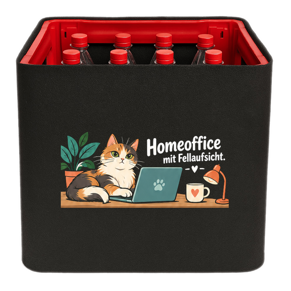 KistenBlende mit dem Motiv „Homeoffice mit Fellaufsicht.“ – Limonadenkiste 12 × 1 l PET