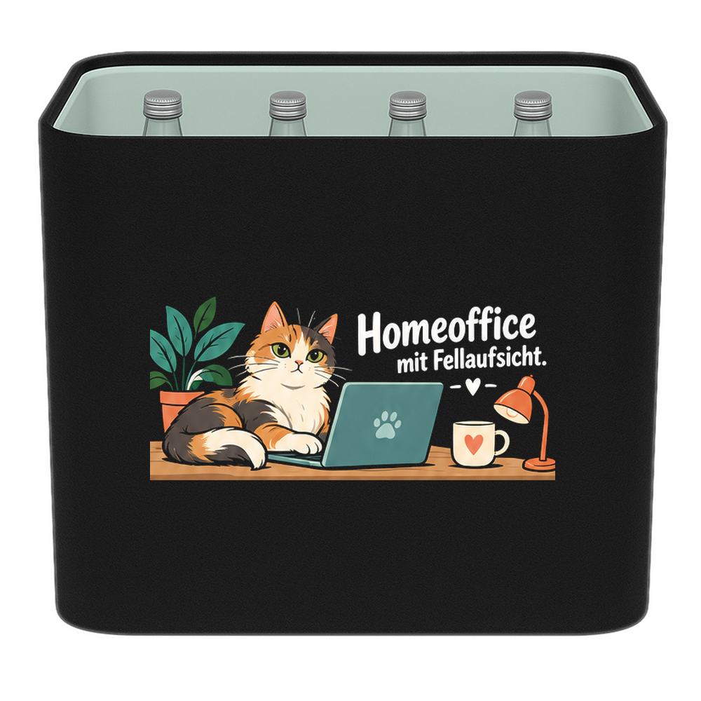 KistenBlende mit dem Motiv „Homeoffice mit Fellaufsicht.“ – Wasserkiste 12 × 0,75 l Glas