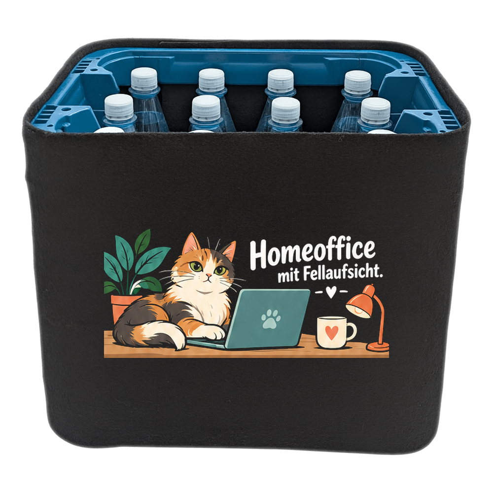 KistenBlende mit dem Motiv „Homeoffice mit Fellaufsicht.“ – Wasserkiste 12 × 1 l PET