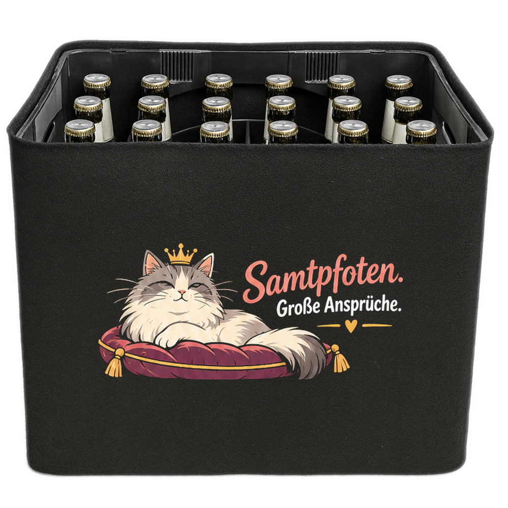 KistenBlende mit dem Motiv „Samtpfoten. Große Ansprüche.“ – Bierkiste 24 × 0,33 l und 20 × 0,5 l