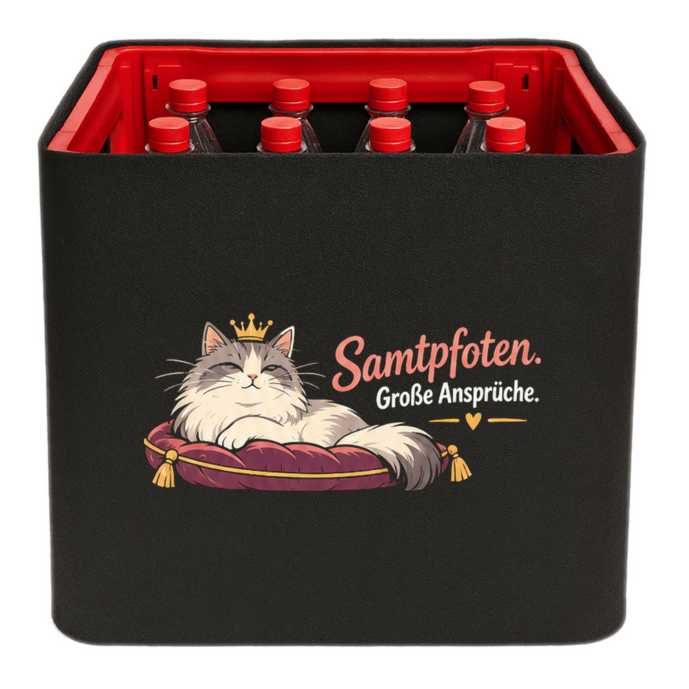 KistenBlende mit dem Motiv „Samtpfoten. Große Ansprüche.“ – Limonadenkiste 12 × 1 l PET