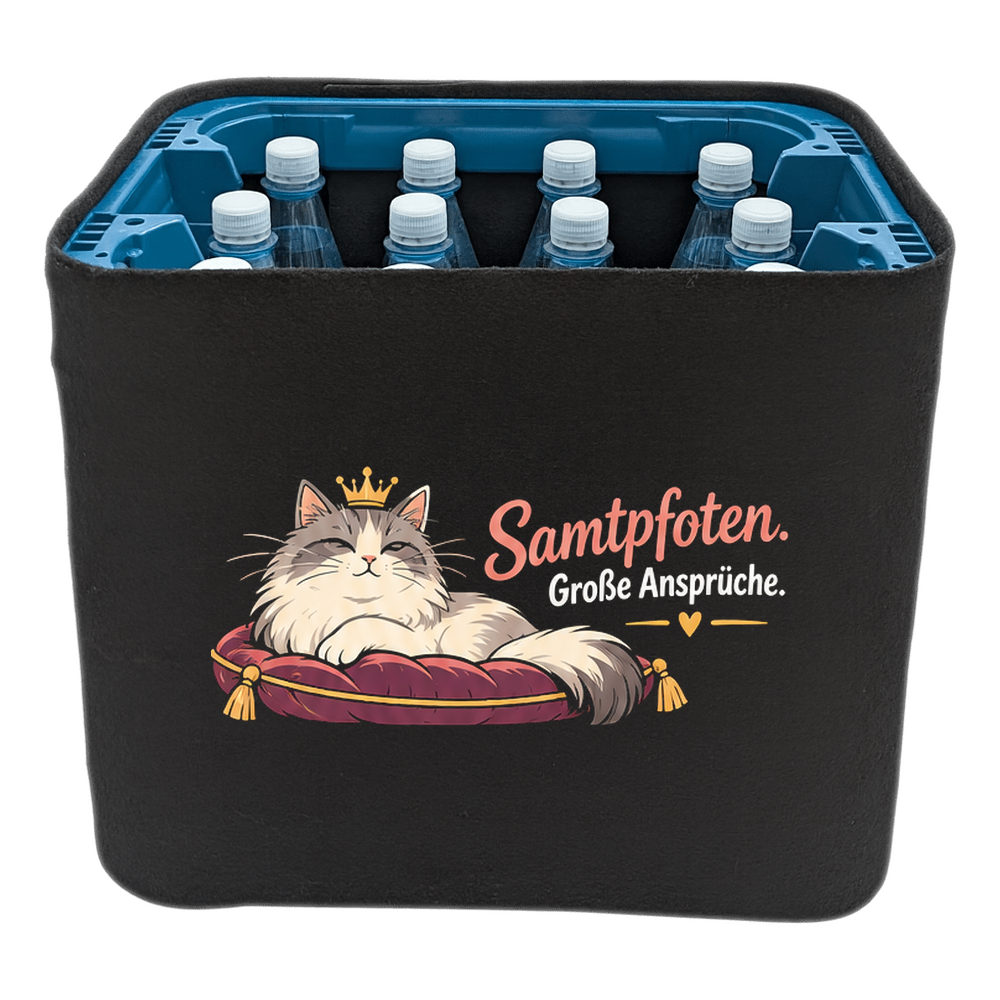 KistenBlende mit dem Motiv „Samtpfoten. Große Ansprüche.“ – Wasserkiste 12 × 1 l PET