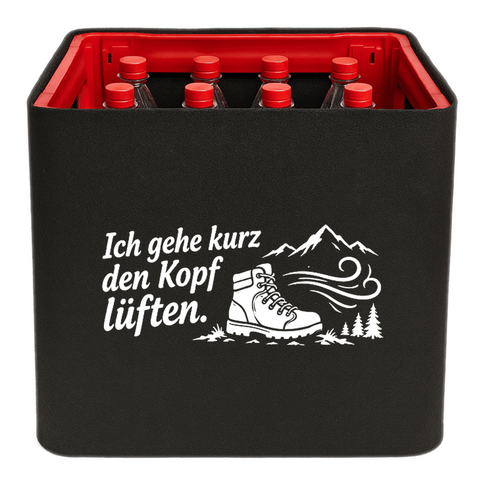 KistenBlende „Ich gehe kurz den Kopf lüften.“ – Limonadenkiste für PET-Flaschen, schwarze Filzblende mit Motiv.