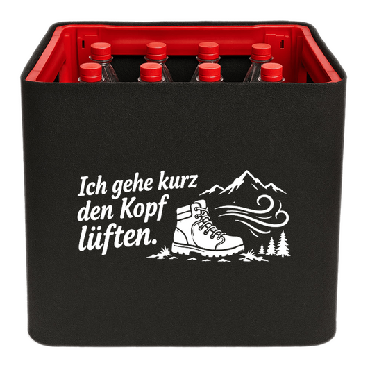 KistenBlende „Ich gehe kurz den Kopf lüften.“ – Limonadenkiste für PET-Flaschen, schwarze Filzblende mit Motiv.
