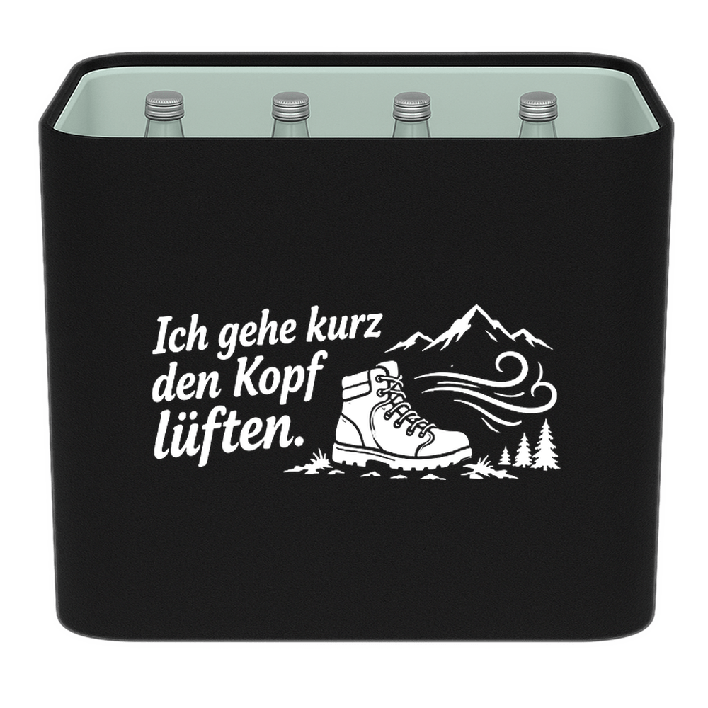 KistenBlende „Ich gehe kurz den Kopf lüften.“ – Wasserkiste für Glasflaschen, schwarze Filzblende mit Motiv.