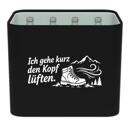 KistenBlende „Ich gehe kurz den Kopf lüften.“ – Wasserkiste für Glasflaschen, schwarze Filzblende mit Motiv.