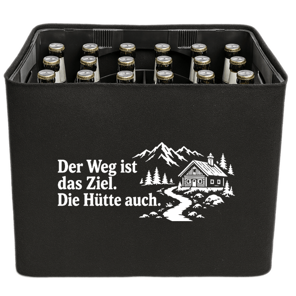 KistenBlende „Der Weg ist das Ziel. Die Hütte auch.“ – Bierkasten 24 × 0,33 l, schwarze Filzblende mit Motiv.