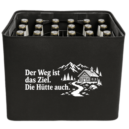KistenBlende „Der Weg ist das Ziel. Die Hütte auch.“ – Bierkasten 24 × 0,33 l, schwarze Filzblende mit Motiv.