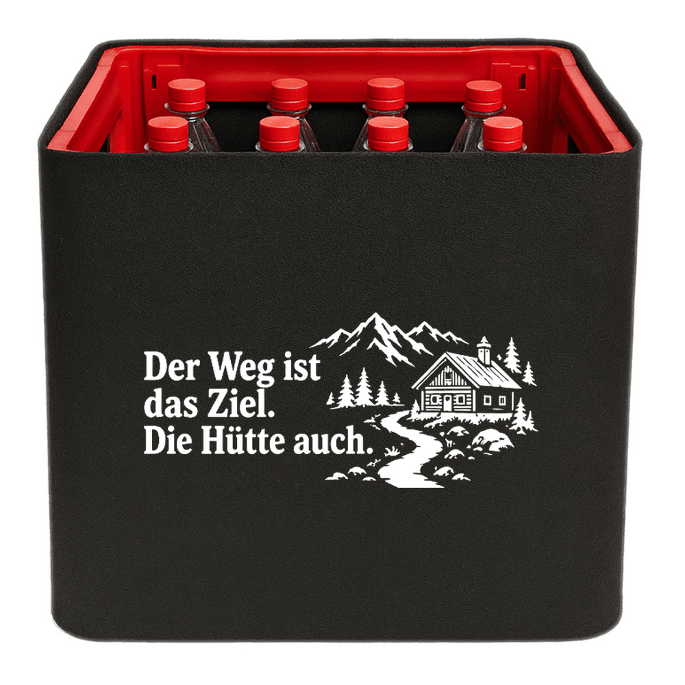 KistenBlende „Der Weg ist das Ziel. Die Hütte auch.“ – Limonadenkiste für PET-Flaschen, schwarze Filzblende mit Motiv.