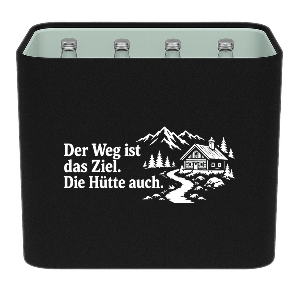 KistenBlende „Der Weg ist das Ziel. Die Hütte auch.“ – Wasserkiste für Glasflaschen, schwarze Filzblende mit Motiv.