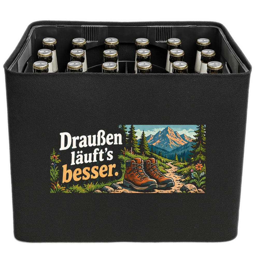 KistenBlende „Draußen läuft’s besser.“ – Bierkasten 24 × 0,33 l, schwarze Filzblende mit Motiv.