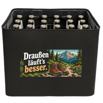 KistenBlende „Draußen läuft’s besser.“ – Bierkasten 24 × 0,33 l, schwarze Filzblende mit Motiv.