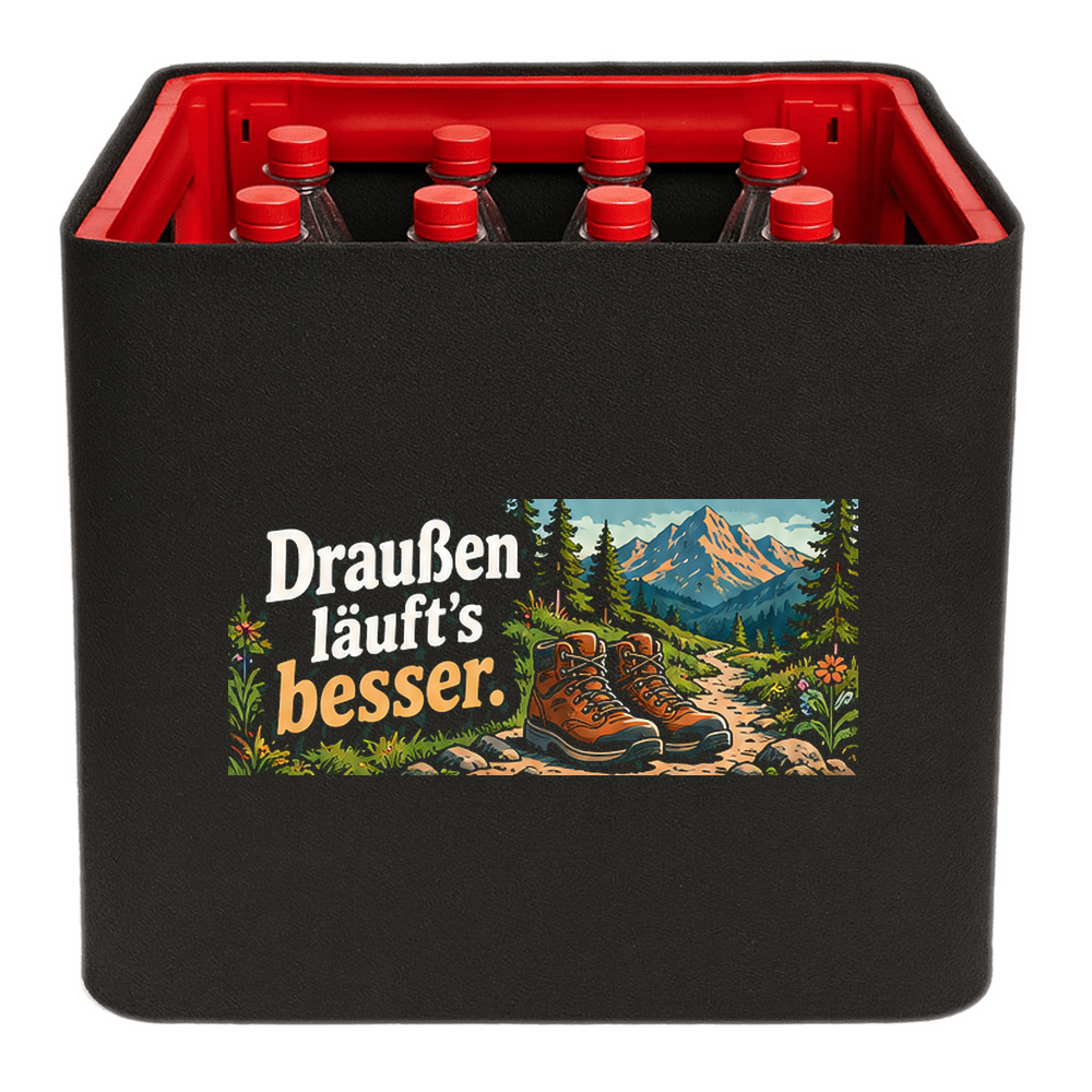 KistenBlende „Draußen läuft’s besser.“ – Limonadenkiste für PET-Flaschen, schwarze Filzblende mit Motiv.