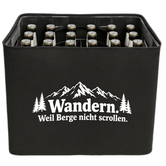 KistenBlende „Wandern. Weil Berge nicht scrollen.“ – Bierkasten 24 × 0,33 l, schwarze Filzblende mit Motiv.