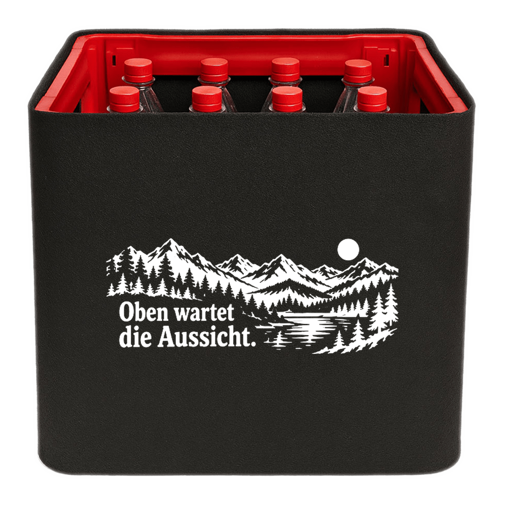 KistenBlende „Oben wartet die Aussicht.“ – Limonadenkiste für PET-Flaschen, schwarze Filzblende mit Motiv.
