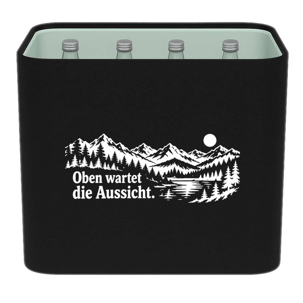 KistenBlende „Oben wartet die Aussicht.“ – Wasserkiste für Glasflaschen, schwarze Filzblende mit Motiv.