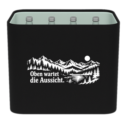 KistenBlende „Oben wartet die Aussicht.“ – Wasserkiste für Glasflaschen, schwarze Filzblende mit Motiv.