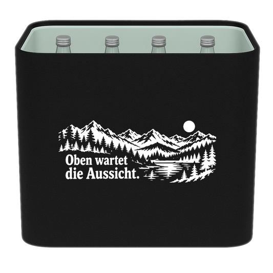 KistenBlende „Oben wartet die Aussicht.“ – Wasserkiste für Glasflaschen, schwarze Filzblende mit Motiv.