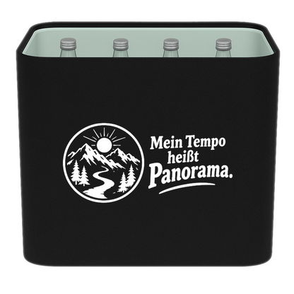 KistenBlende „Mein Tempo heißt Panorama.“ – Wasserkiste für Glasflaschen, schwarze Filzblende mit Motiv.