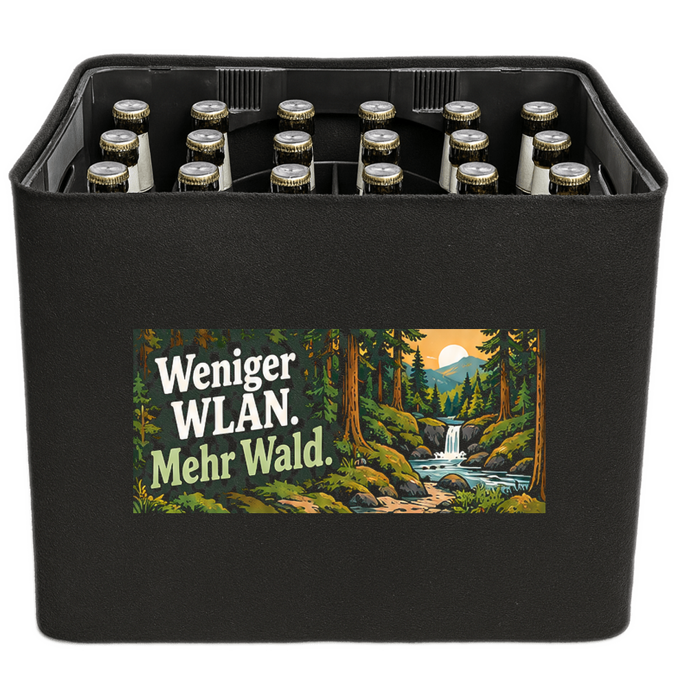 KistenBlende „Weniger WLAN. Mehr Wald.“ – Bierkasten 24 × 0,33 l, schwarze Filzblende mit Motiv.