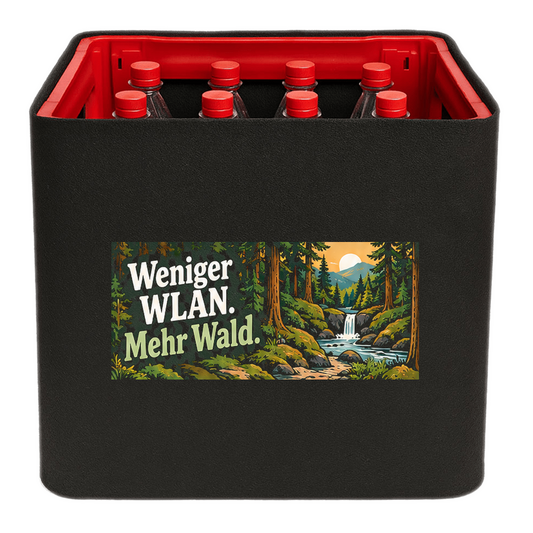 KistenBlende „Weniger WLAN. Mehr Wald.“ – Limonadenkiste für PET-Flaschen, schwarze Filzblende mit Motiv.