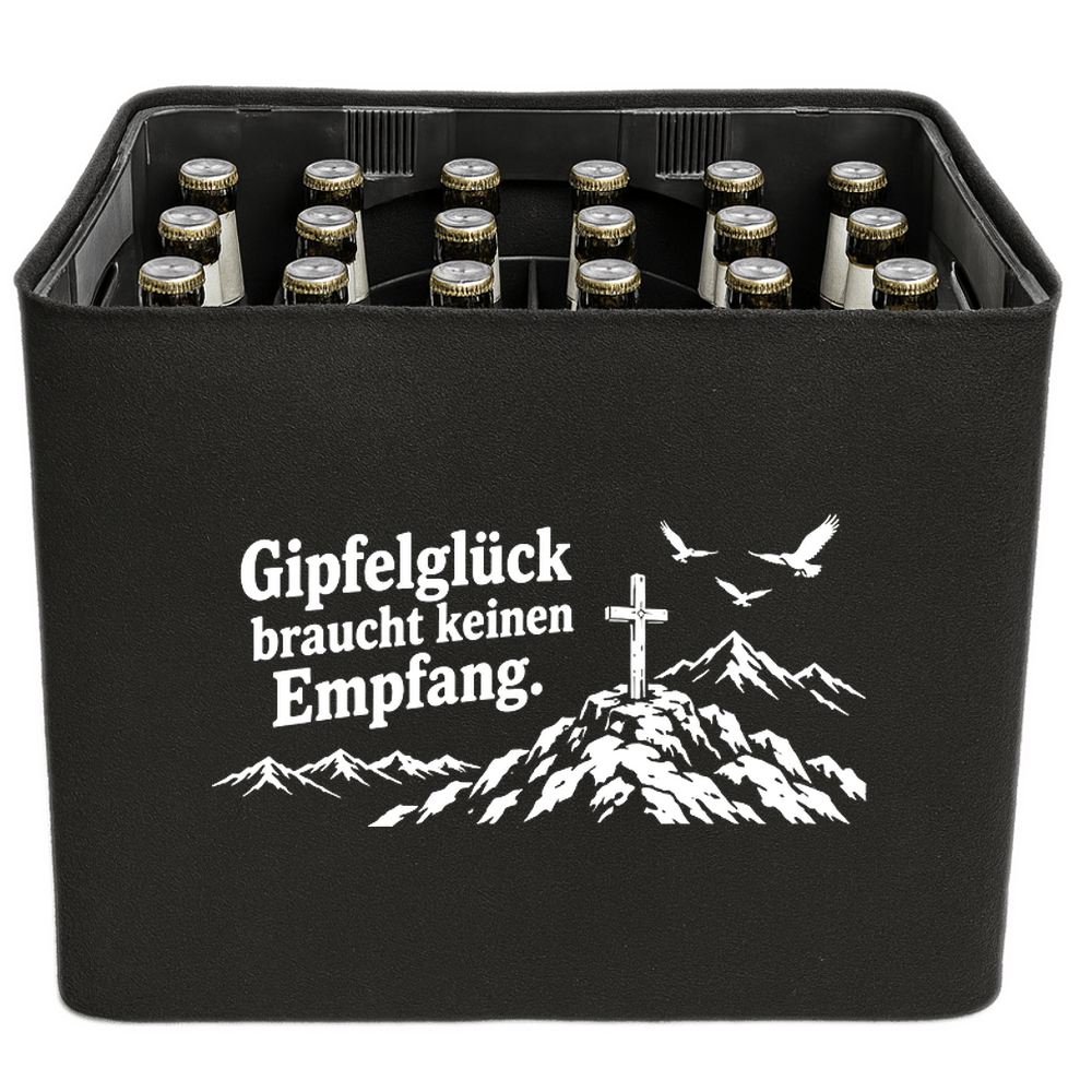 KistenBlende „Gipfelglück braucht keinen Empfang.“ – Bierkasten 24 × 0,33 l, schwarze Filzblende mit Motiv.