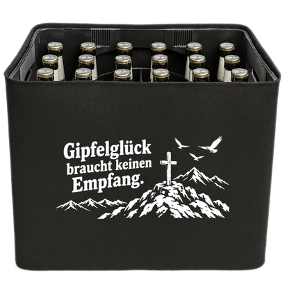 KistenBlende „Gipfelglück braucht keinen Empfang.“ – Bierkasten 24 × 0,33 l, schwarze Filzblende mit Motiv.