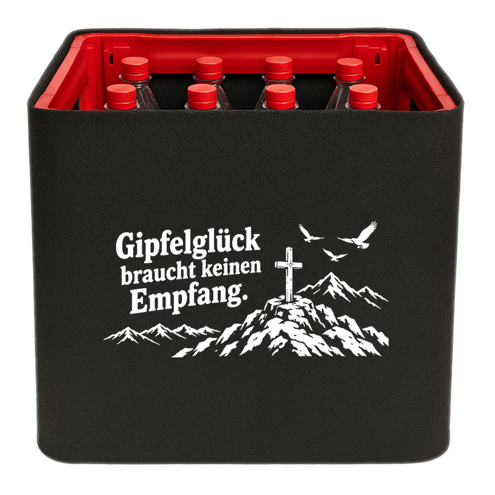 KistenBlende „Gipfelglück braucht keinen Empfang.“ – Limonadenkiste für PET-Flaschen, schwarze Filzblende mit Motiv.